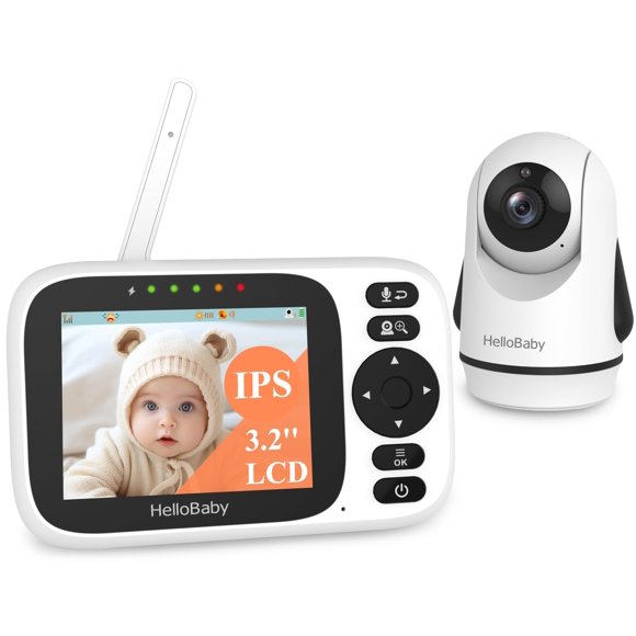 HelloBaby Monitor de bebé con pantalla IPS de 3,2 pulgadas - Monitor de cámara para bebé con cámara remota con zoom panorámico, inclinación y zoom, sin WiFi, visión nocturna por infrarrojos, conexión