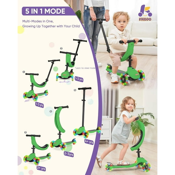 3-in-1 Kids Scooter with Lighted Wheels, Adjustable Handlebar, for Ages 1-5