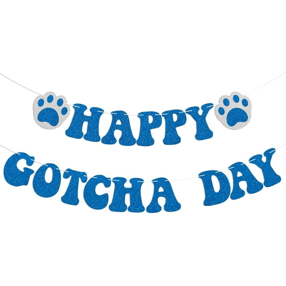 Happy Cotcha Day Banner - Happy Adoption Day, Pet Adoption Party Decor, Dog Pet Birthday Party Banner, Dog Cat Gotcha Party Bunting Garland Blue Glitter