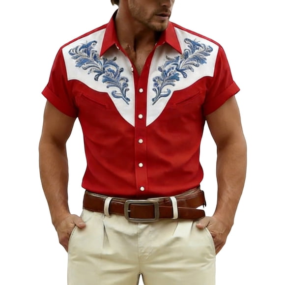 Western Cowboy Print Short Sleeve Shirt for Men – Casual Button Front Shirt Suitable for Daily Leisurewear and Everyday Style
