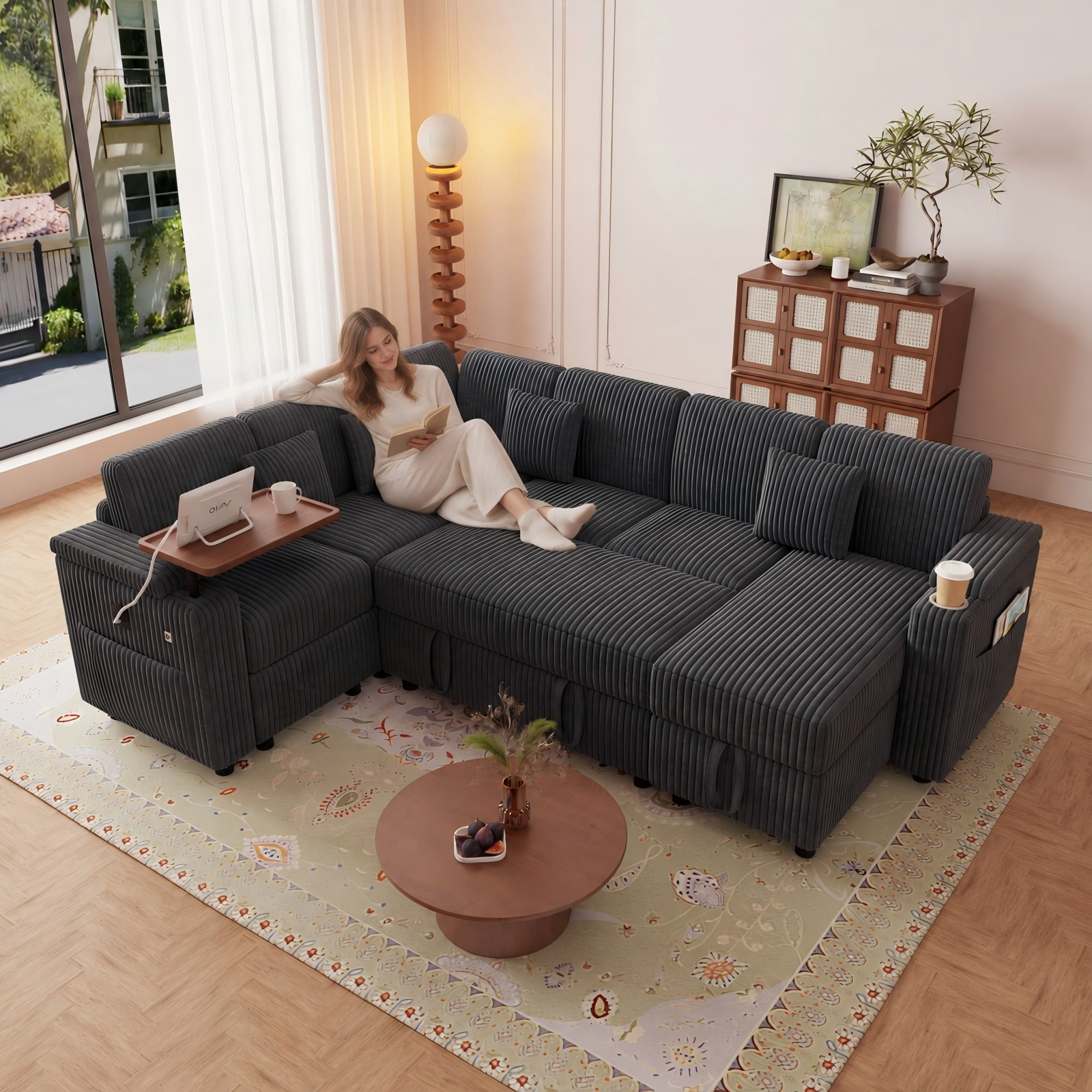 BSHTI 100" Corduroy U‑Shaped Convertible Pull‑Out Sofa Bed with USB Ports, Desk & Cup Holder for Living Room,(Dark Gray)