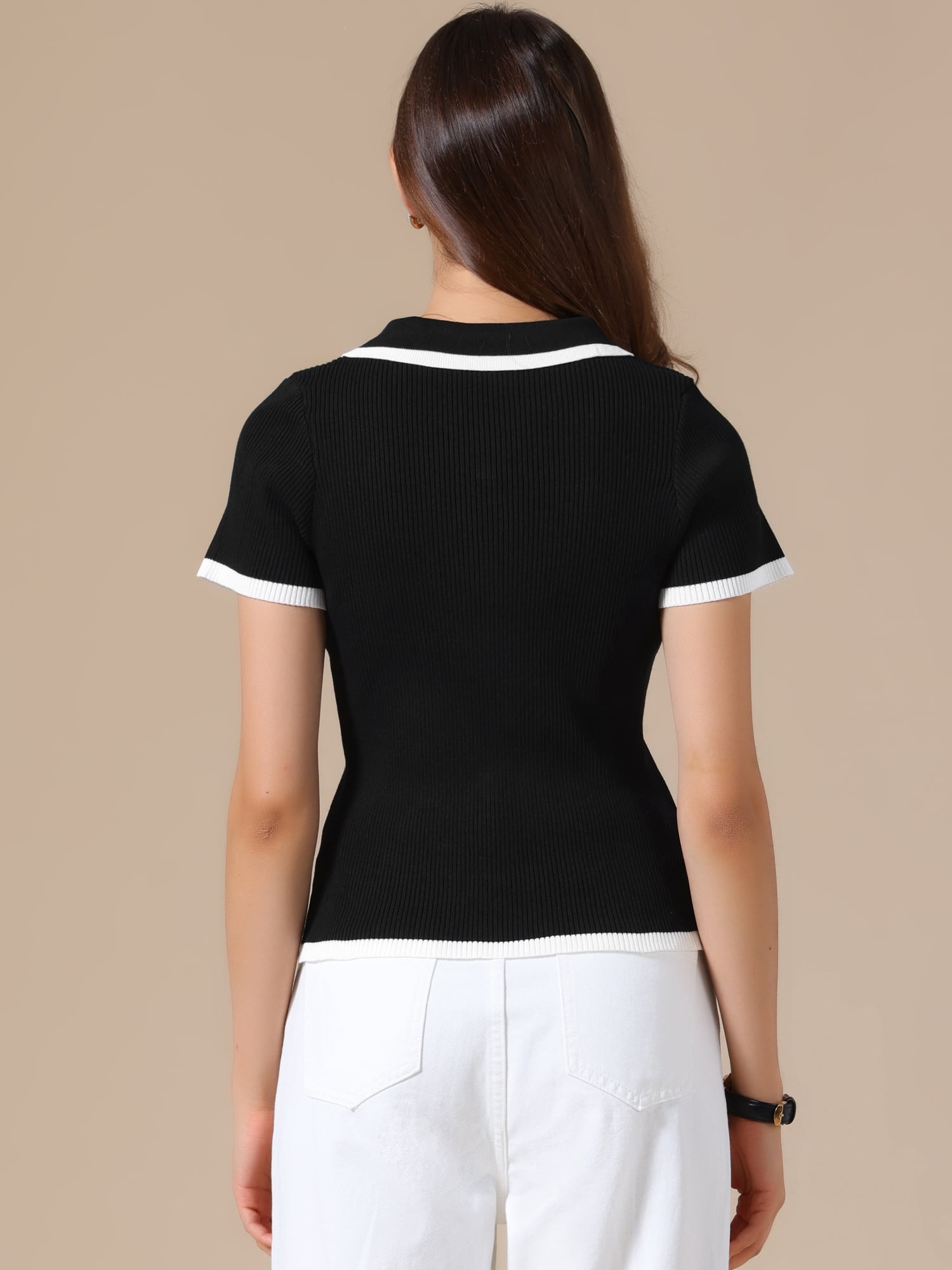 DARING DIVA Women's Work Short Sleeve Polo V Neck Ribbed Knit Pullover Tops L Black