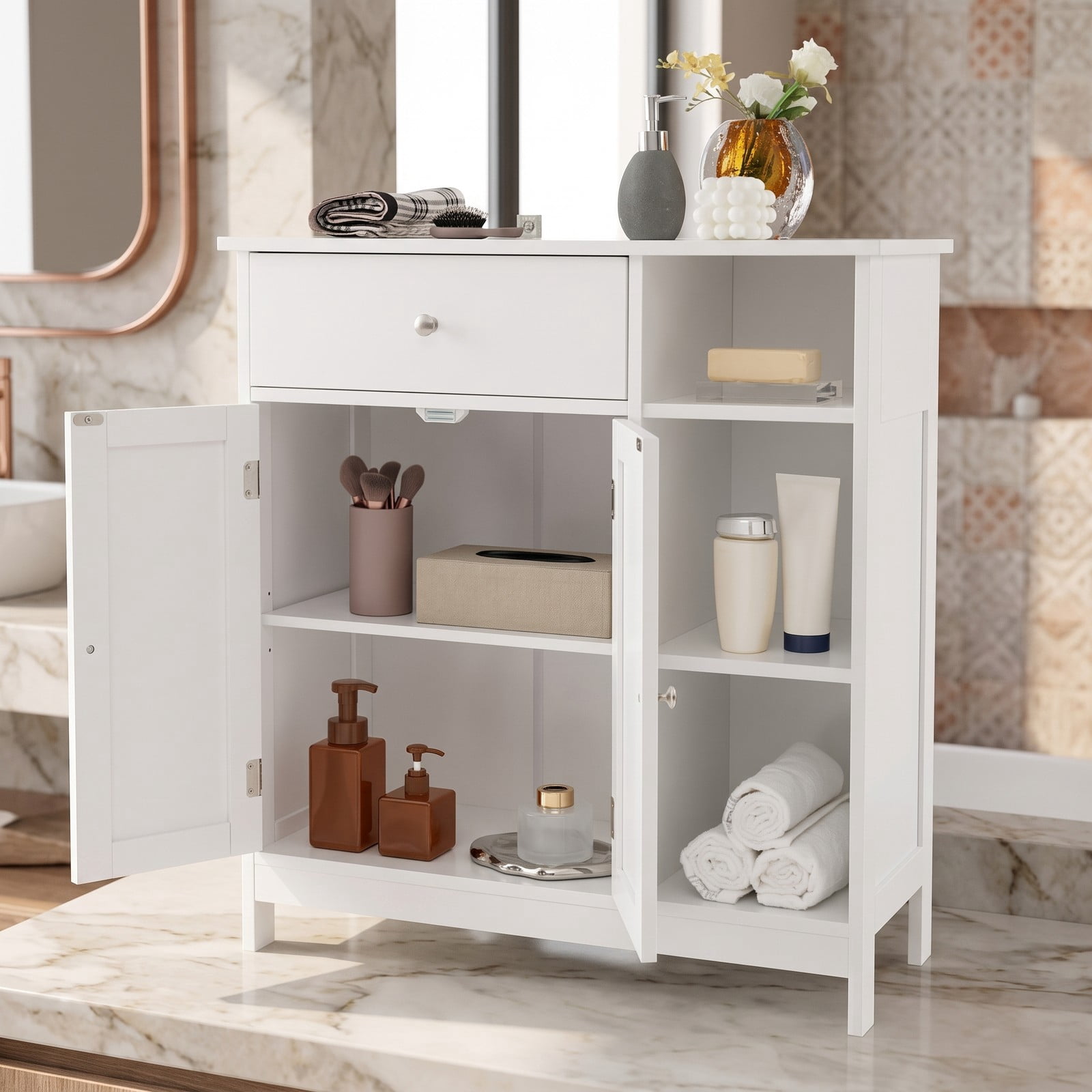ALPULON Bathroom Floor Storage Cabinet with Drawer and 3 Open Compartments, Freestanding MDF Organizer Cabinet with Adjustable Shelf and Anti-Tip Device for, White
