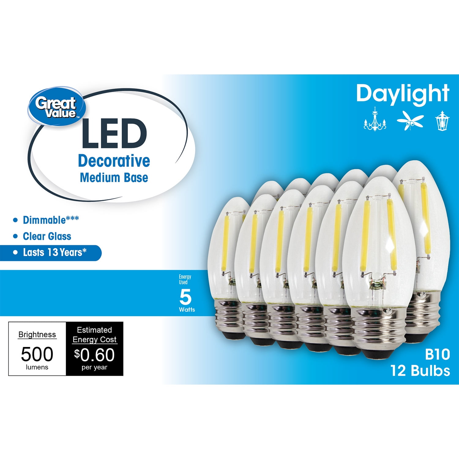 (2 pack) Great Value LED Light Bulb, 4W (60W Equivalent) B10 Deco Lamp E26 Medium Base, Dimmable, Daylight, 12-Pack