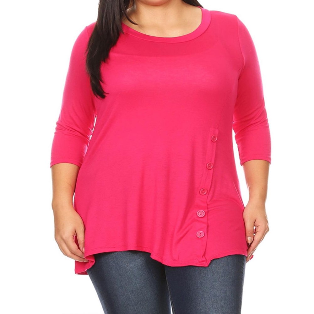 FashionJOA Women's Plus Size Solid Basic Knit Side Button Trim Tunic
