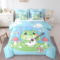 Manfei Lovely Frog Mushroom 7-Piece Twin Bedding Sets,Cute Daisy Flower Bedding Comforter Set,Music Guitar Note Sheet Sets For Girl Kids,Microfiber Bedroom Decor Reversible