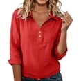 thumbnail image 3 of DENGDENG 3/4 Sleeve Linen Tops for Women Casual Button V Neck Collared Tunic Summer Spring Boho Blouses Outfits, #01 Red XL, 3 of 7
