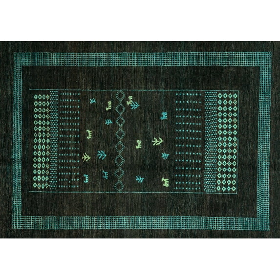 Ahgly Company Machine Washable Indoor Rectangle Oriental Turquoise Blue Modern Area Rugs, 7' x 10'