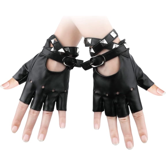 YooGuoGuo 1 pair Fingerless Faux Leather Gloves, PU Soft Half Finger Gloves Leather Punk Gloves Fingerless Black Rocker Costume Accessories with Bracelet for Halloween Woman Teens