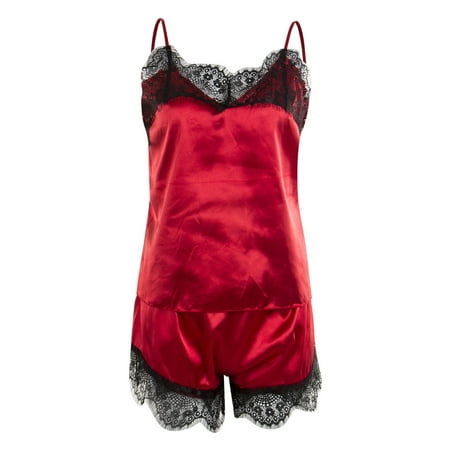 

Sunisery Women s Two-Piece Sleepwear Suit Satin Lace V-Neck Top + Shorts Pajamas