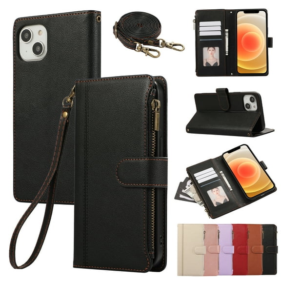 Phone Case for iPhone 13 Wallet Cover with Crossbody Shoulder Strap and Leather [RFID Blocking] Credit Card Holder Pocket Stand Cell Accessories Mobile Flip Purse,Black