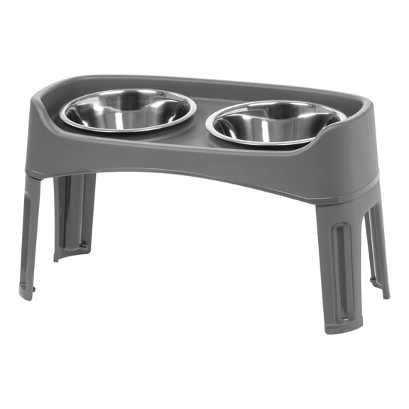 IRIS USA Elevated Dog Bowls, Adjustable Height, 2 Thick 64 oz Stainless Steel Bowls, Spill-Proof with Raised Outer Rim, Durable Made in USA Plastic, Easy Assemble, 2 Heights 4.63" or 12.25" Dark Gray