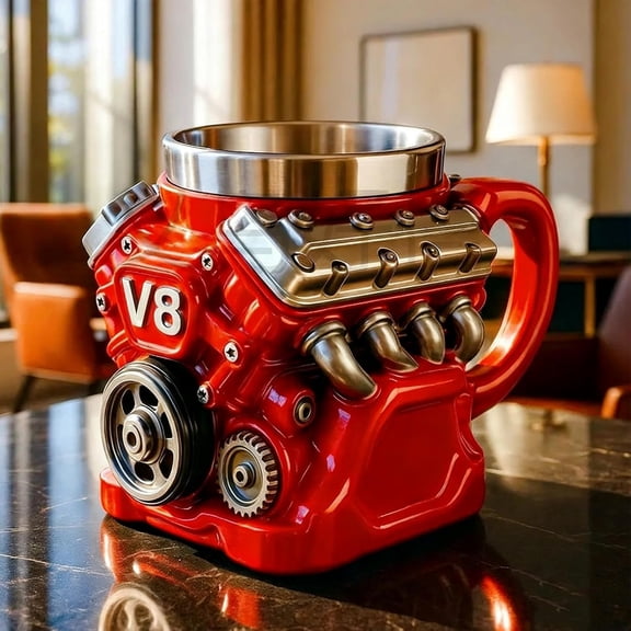 V8 Engine Coffee Mug - Stainless Steel Double Wall Insulated, Retro Engine Design, Gift for Car Enthusiasts, Mechanics, Men, Dad, Father's Day, Christmas (V8)
