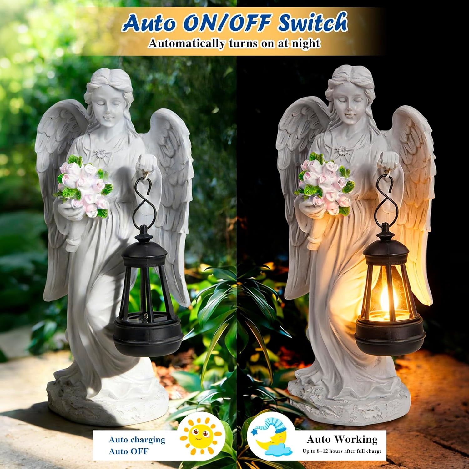 Holding Flowers Angel Garden Statue,Memory Guardian Waterproof Outdoor Solar Garden Decor with Warm Light,Praying Angel Figurine Sculpture for Lawn Yard Patio,Sympathy Gift
