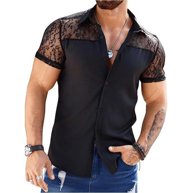 Camisa Elvqul de Hombre Negro Economicas Liso Manga Corta con Solapa Abotonada