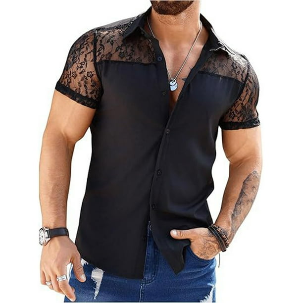 Blusa y camisa de manga corta con cuello vuelto para hombre, color liso, informal, de encaje, con solapa versátil, abrigo de poliéster para hombre