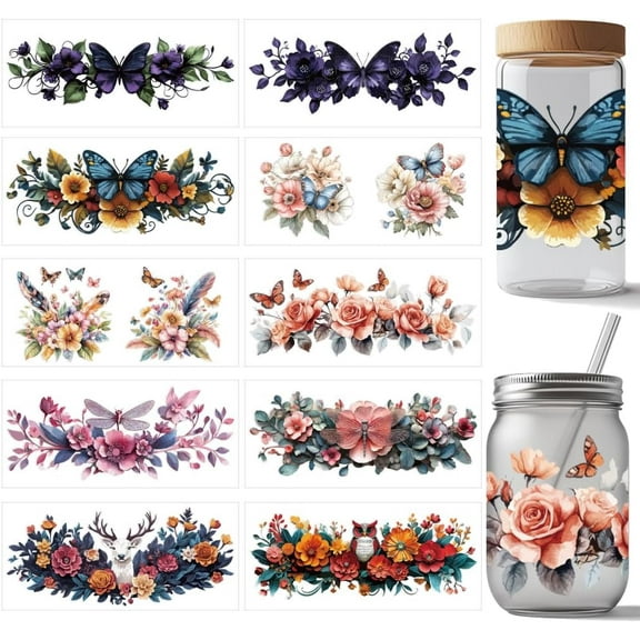 10 Pcs 10 Styles UV DTF Cup Wrap Transfer Sticker Flower Butterfly Transfer Paper Rub on Stickers Animal Plant PVC Cup Wrap Sticker Waterproof Rub Decals for Craft Glass 24x11cm/9.4x11inch DIY