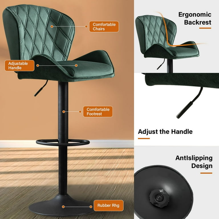 Bar Stools Set Of 2, Velvet Button Tufted Upholstered Counter Height Barstools Nailhead Trim Footrest Ring Pull Leisure Wing Back Bar Chairs Kitchen Livi