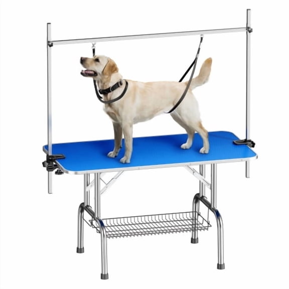 Large Dog Grooming Table 46'' Heavy Duty Pet Grooming Station with Adjustable Arm and Clamps for Home and Salon Use Foldable, Blue