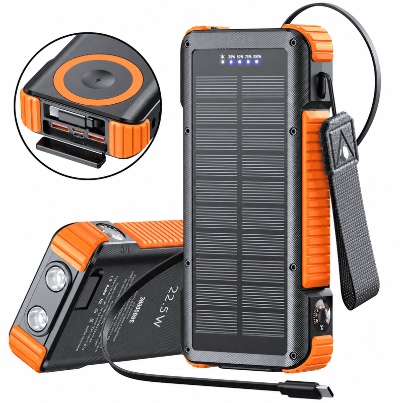 SOLPOWBEN 38800mAh Solar Power Bank, 22.5W Fast Charging Portable Charger with 27.6-Inch Retractable Cable, 3-in-1 Magnetic Wireless Charging for iPhone 12+, Watch & Earbuds