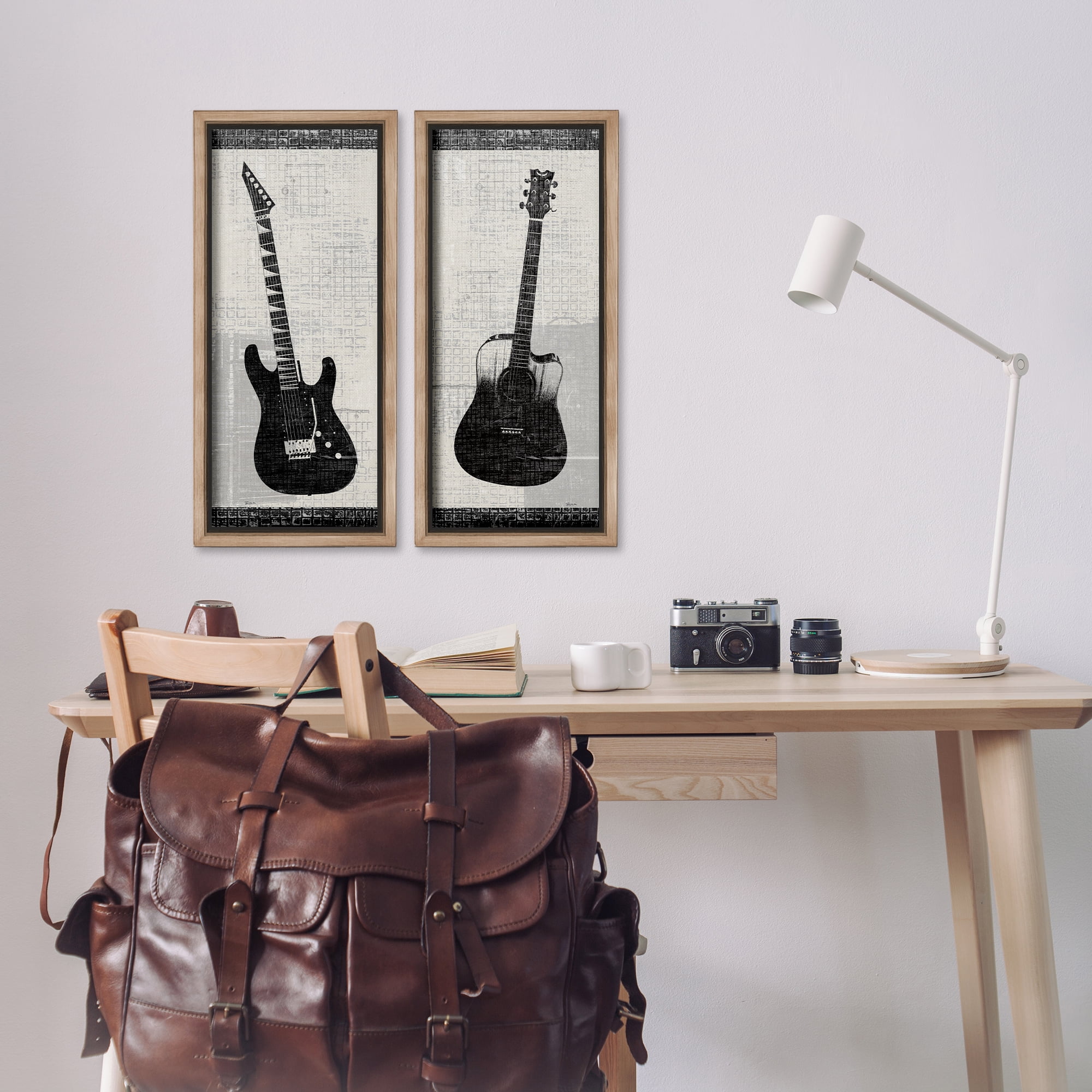 Stupell Industries Electric Acoustic Guitar Entertainment Painting Brown Floater Framed Canvas Art Print Wall Art, 11 x 25, Set of 2