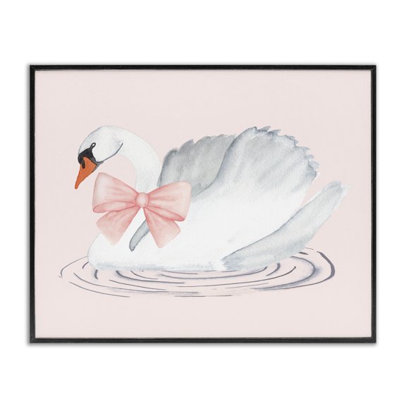 Stupell Industries Cottage White Swan with Pink Ribbon Black Framed Giclee Art, 14 x 11, by Nina Jacobs