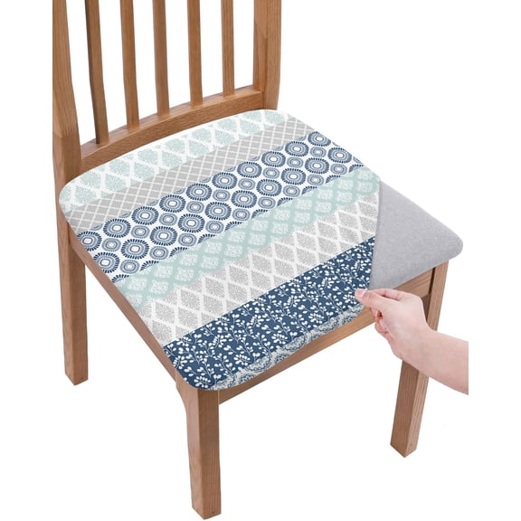 Blue Striped Chair Seat Covers for Dining Room Stretch Chair Seat Covers Set of 2, Boho Modern Geometric Abstract Art Ethnic Chair Seat Protector Cushion Slipcovers for Kitchen Restaurant Office