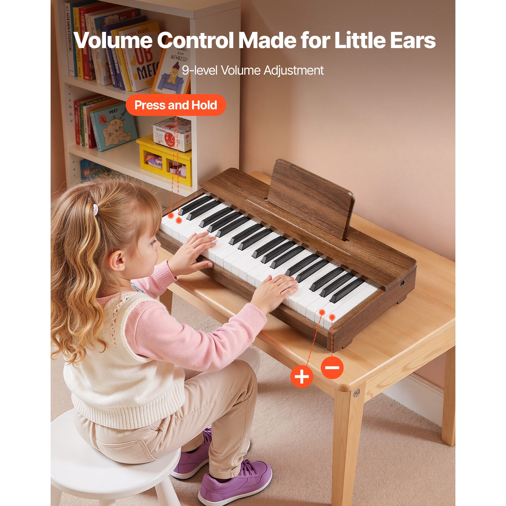 KFFKFF 37-Key Wooden Digital Piano for Kids, Mini Educational Musical Instrument with Realistic Sound, Dual Power Options, Adjustable Volume, Ideal for Toddlers and Children, Walnut Finish