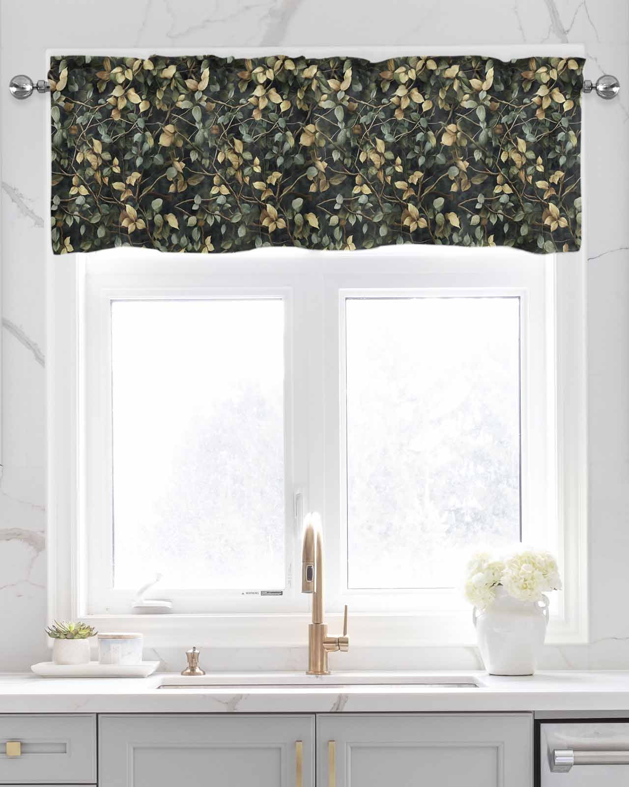 Branches Green Leaves Kitchen Valances for Windows Farmhouse Linen Window Valance Curtain for Living Room Window Treatment Vintage Botanical Forest Valance Rod Pocket Topper Drape, 60 x 18 Inch