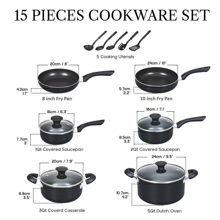 Cook N Home Pots and Pans Nonstick Cooking Set includes Saucepan Frying Pan  Kitchen Cookware 15-Piece, Stay Cool Handle, Black