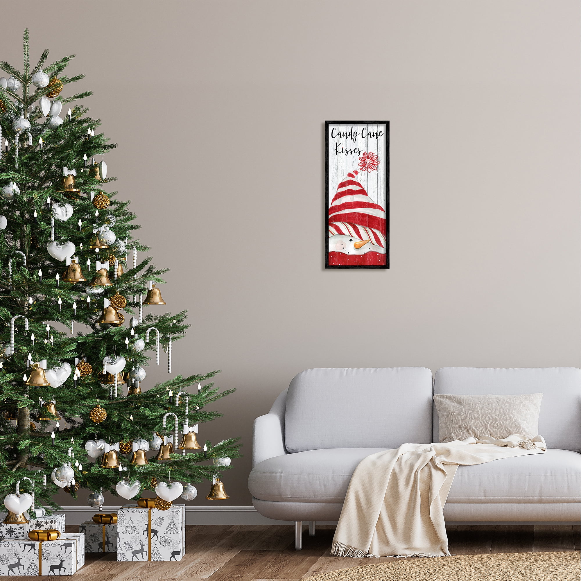 Stupell Industries Candy Cane Kisses Phrase Holiday Painting Black Framed Art Print Wall Art, 10 x 24