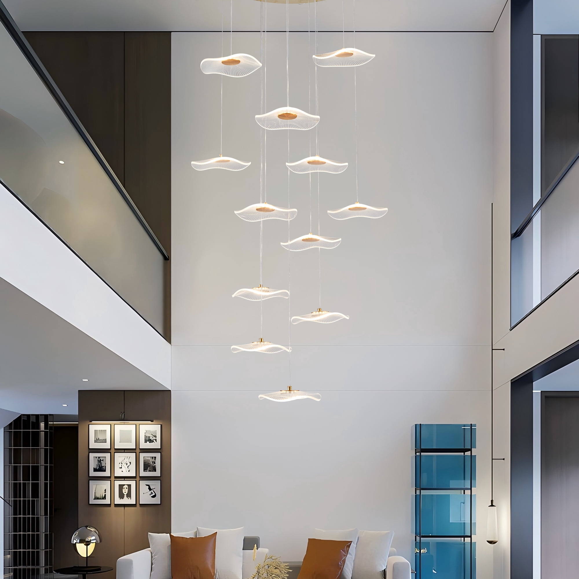 Modern Spiral Lotus Leaf Chandelier - Dimmable 12-Light LED Pendant with Remote for High Ceilings