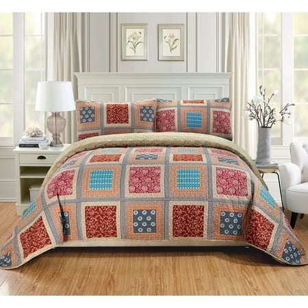 Patchwork Quilt Blue Fancy Linen 2pc Twin/Twin Extra Long Over Size Quilted Coverlet Bedspread Set Patchwork Floral Squares Beige Taupe Red Blue Brown New # Bailey ()