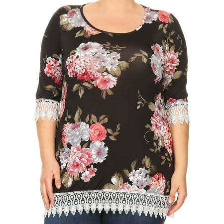 Crochet Tailored Split Corner Bedskirt - BNY Corner Women Plus Size Crochet Lace Trim Long Casual Tunic Top Dress USA Black Floral 1XL (592 FLO) BNY Corner