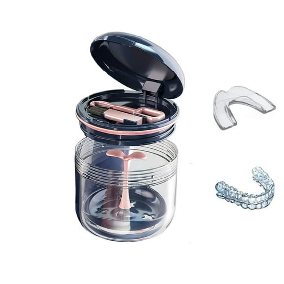1pack QZS Denture Bath Box,3.15x3.15" Travel Retainer Cleaning Case,Reusable Complete Clean Care for Dentures,with Mirror,Hook,and Brush