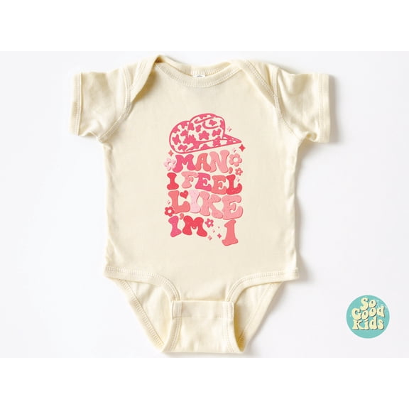 Man I Feel Like I'M One, First Birthday Shirt, Groovy Cowgirl 1St Bodysuit, Girls Western Cowgirl Baby Shirt, Retro 1St Party Bodysuit Cool Baby Clothing, Cute Baby Onesie, BABY BODYSUIT LAT 4424
