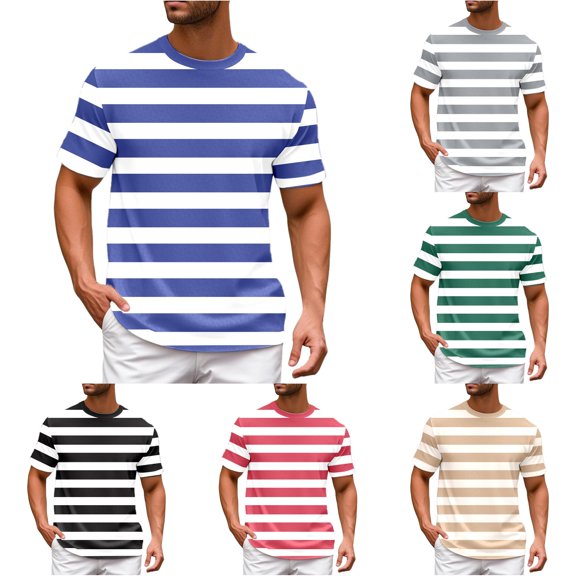 ZXLBBD Tshirts Shirts for Men Patchwork Color Striped Print Crewneck Short Sleeve Basic Top Loose Fashion Streetwear T-Shirts for Man Outdoor,Blue,6XL