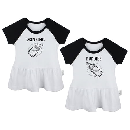 Pack of 2, Twins Baby Drinking Buddies Funny Dresses For Baby, Newborn Babies Skirts, Infant Princess Dress, Toddler Frocks (Black Raglan Dresses, 0-6 Months)