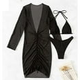 thumbnail image 5 of WREESH Womens Swimsuit Coverup Drawstring Deep V Neck Long Sleeve Beach Cover Up Dress Solid Bikini Strap Bikini Deep V Split Swimsuit Set Three-Piece Bathing Suit Black, 5 of 8
