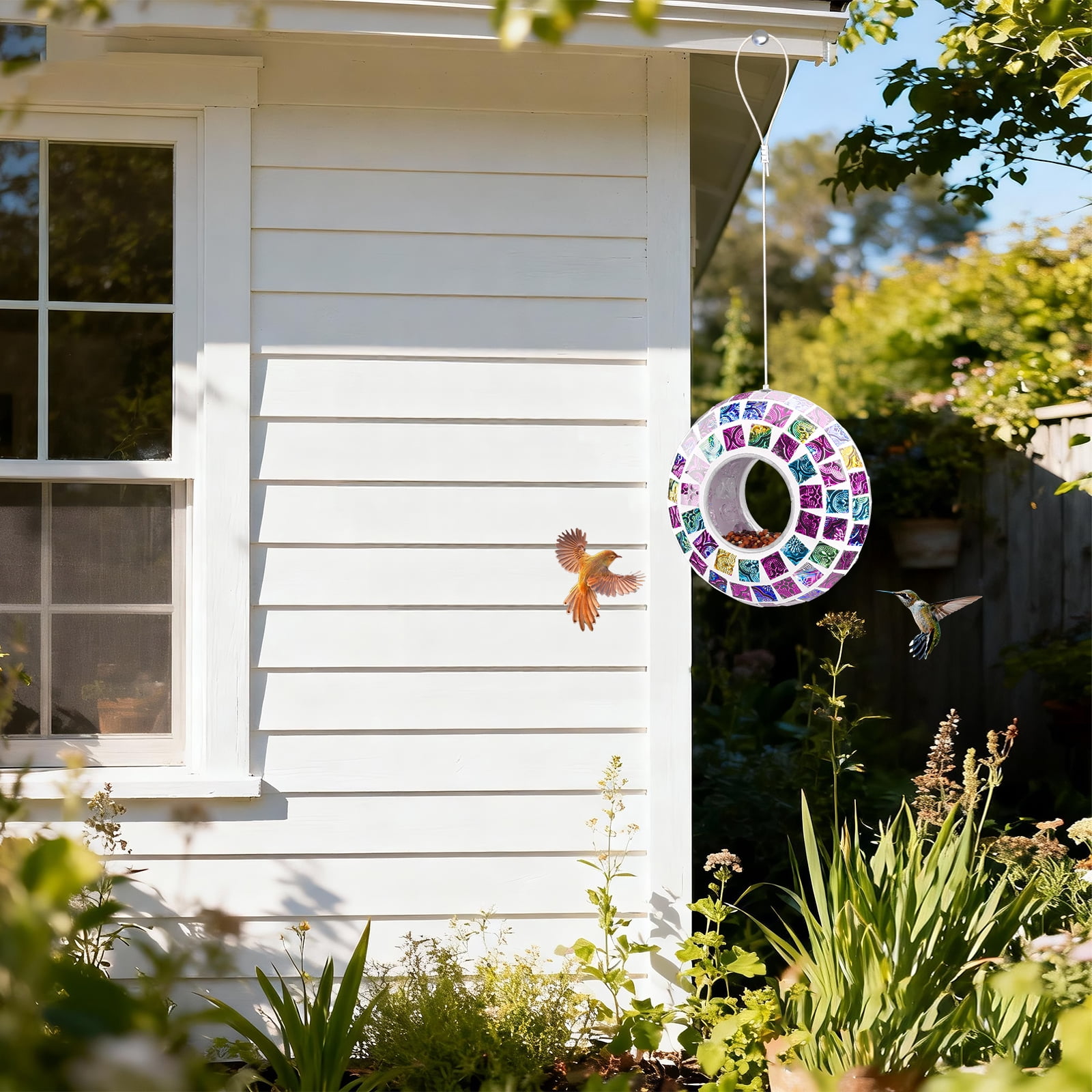 Mosaic Fly-Through Bird Feeder – Colorful Circular Hanging Feeder,Outdoor Bird Feeder,Decorative Outdoor Accent for Garden, Patio & Bird Watching