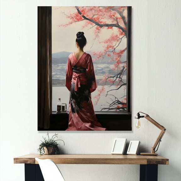 Designart "Japanese Woman in Pink Tree Window View I" Landscapes Canvas Wall Art - Traditional Pink Japan Entryway Wall Art