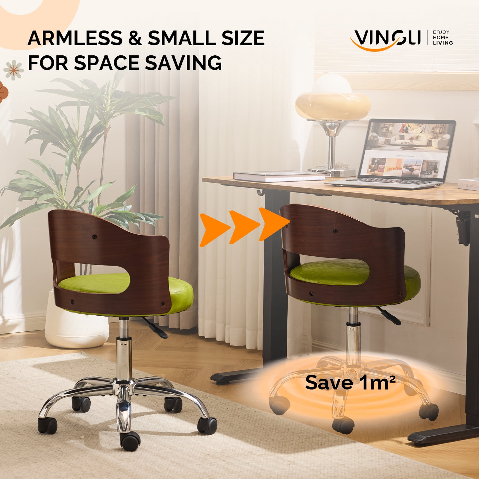 Ktaxon Office Computer Desk Chair with Rolling Wheels, Vanity Stool with Faux Leather Seat, Adjustable Task Chair for Study Make-up Dressing Green