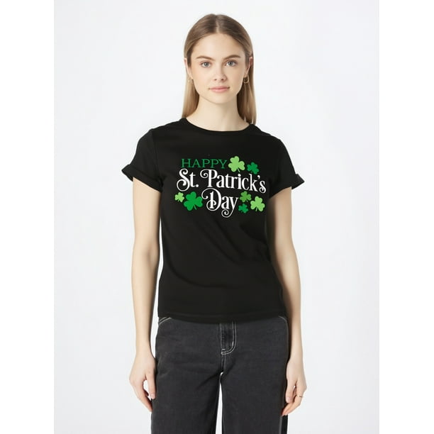 Camiseta De Verano MujerSt. Patrick's Day Clover Print T-shirt, Casual Short Sleeve Crew Neck Top For Spring & Summer, WomenCamisetas de verano para mujer, manga corta, cuello redondo, casual, lindo