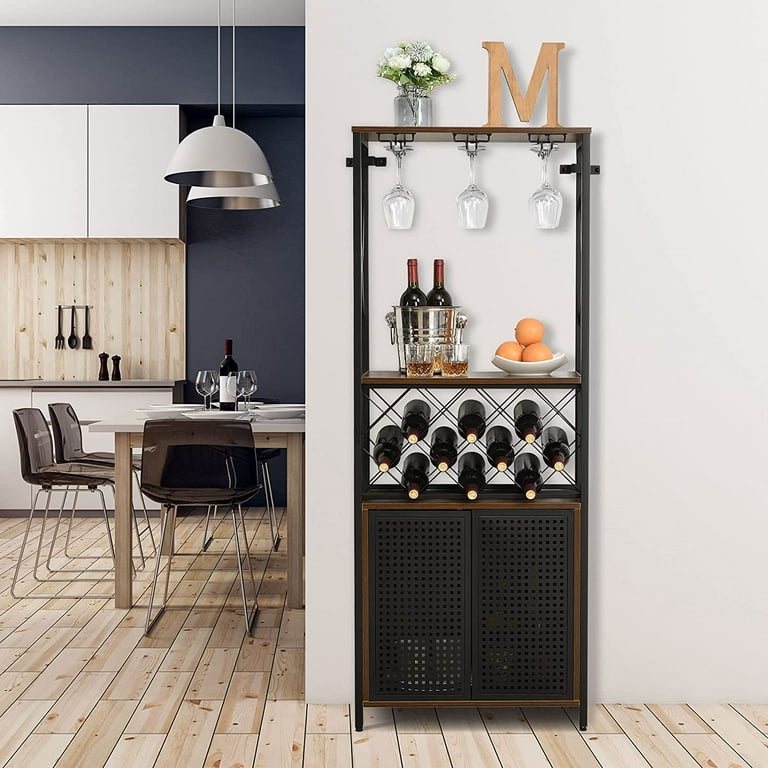 Wine Bar Cabinet Furniture Freestanding Bakers Rack With Glass Holder And Storage Multifunctional Liquor For Kitchen Dining Room Rustic Brown Com