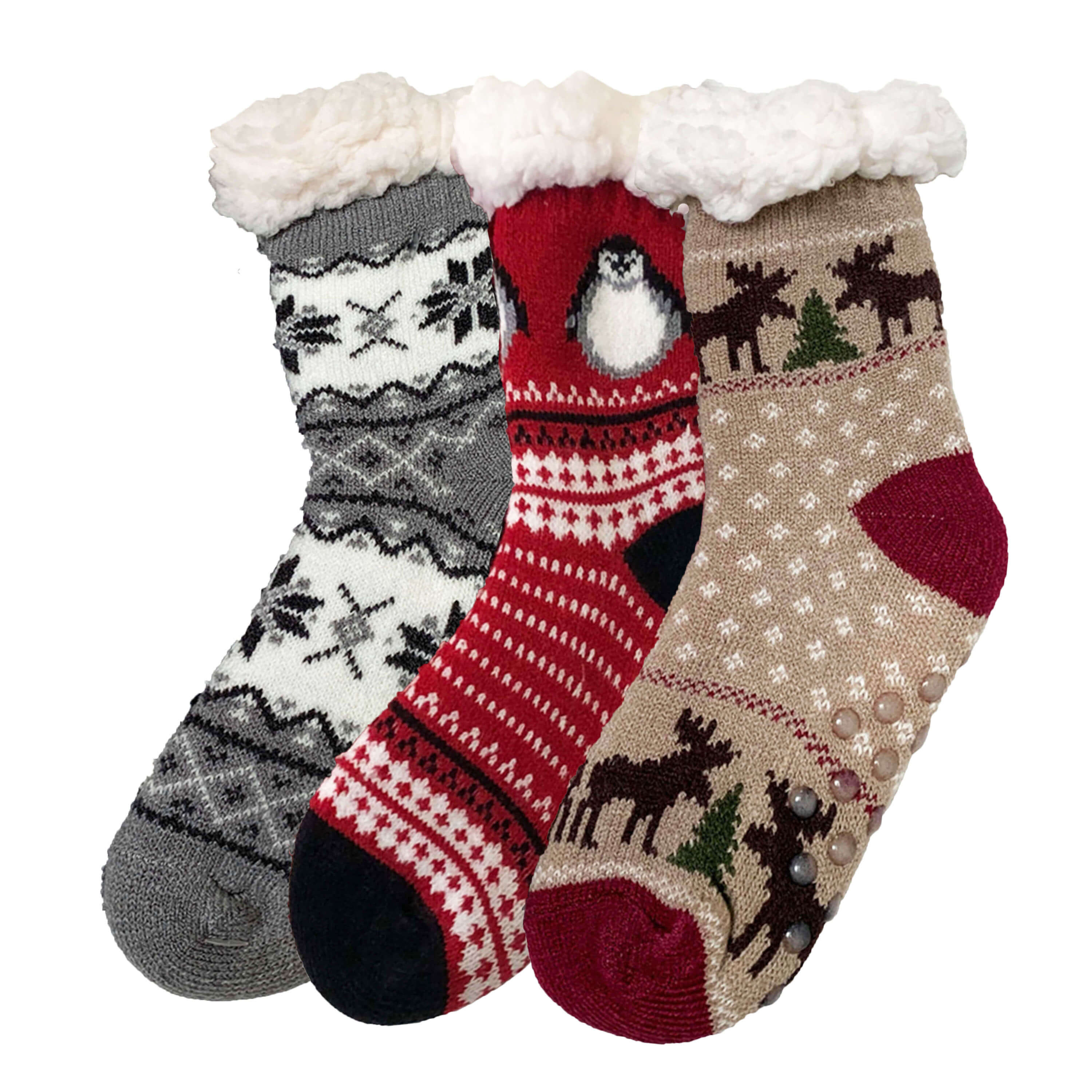 Winter Sherpa Lined Knitted Fluffy Thermal Soft Warm Cozy Christmas Slipper Gift Socks, Moose 