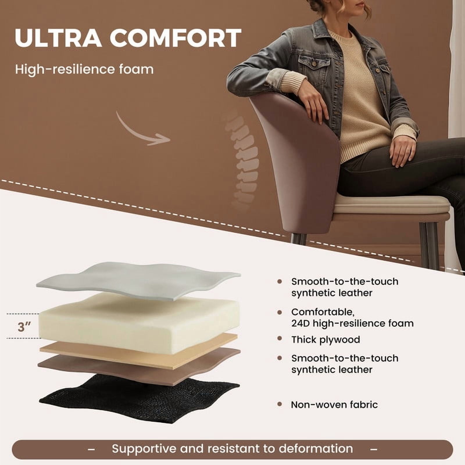 Hawsaiy Faux Leather Dining Chairs Set of 4, Modern Curved Back Upholstered Kitchen Side Chairs with Metal Legs, Brown