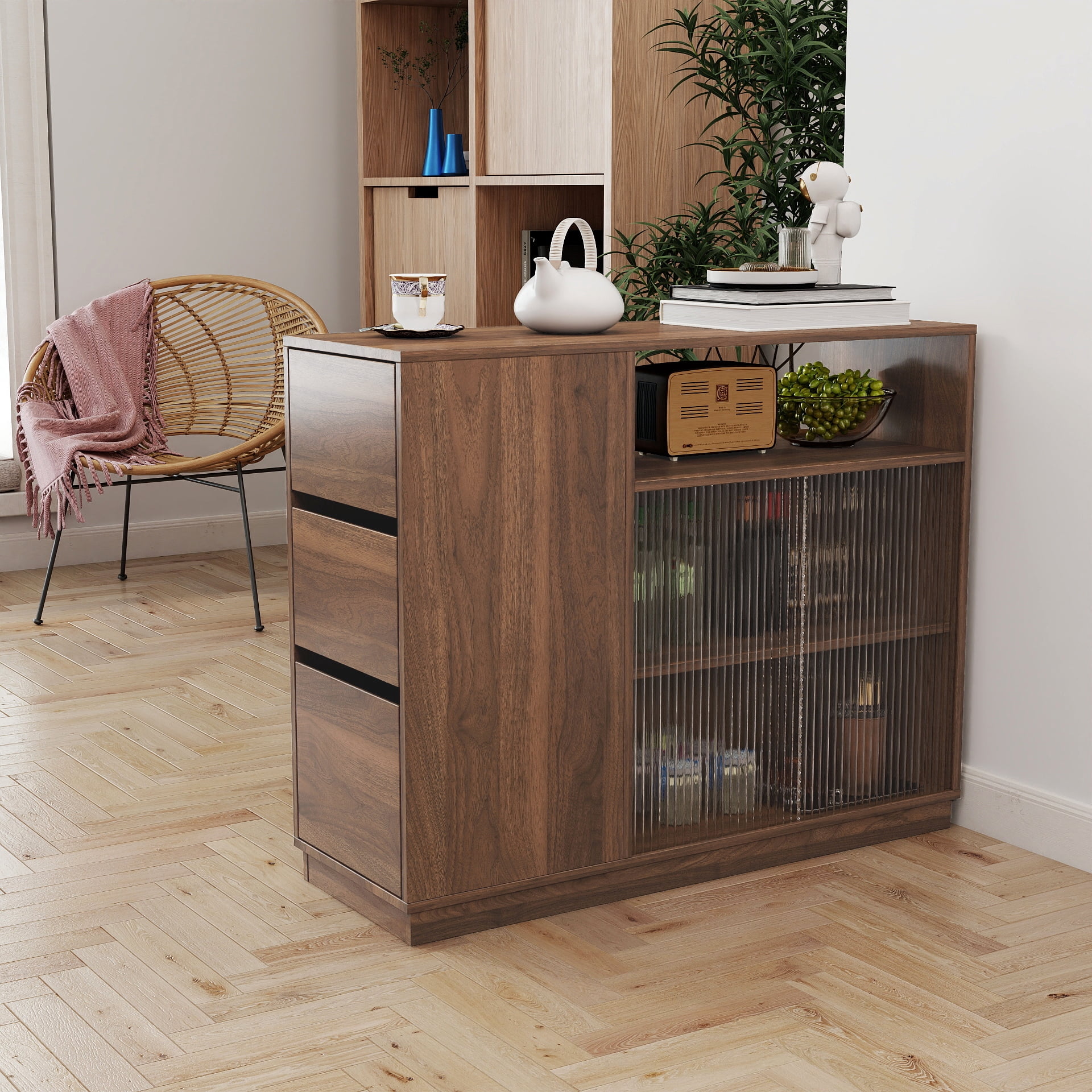 Mintazer Kitchen Sideboard Buffet Cabinet with Drawers & Fluted Glass Doors, Modern Storage Cabinet for Dining Room Kitchen, Walnut Brown