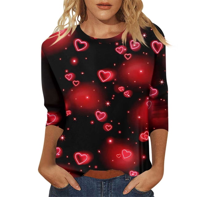 Hot Sale!! Hauts de la Saint-Valentin à Manches 3/4 pour Femmes Grande Taille Tunique à Col Rond Tenues Douces pour la Saint-Valentin Rouge + L