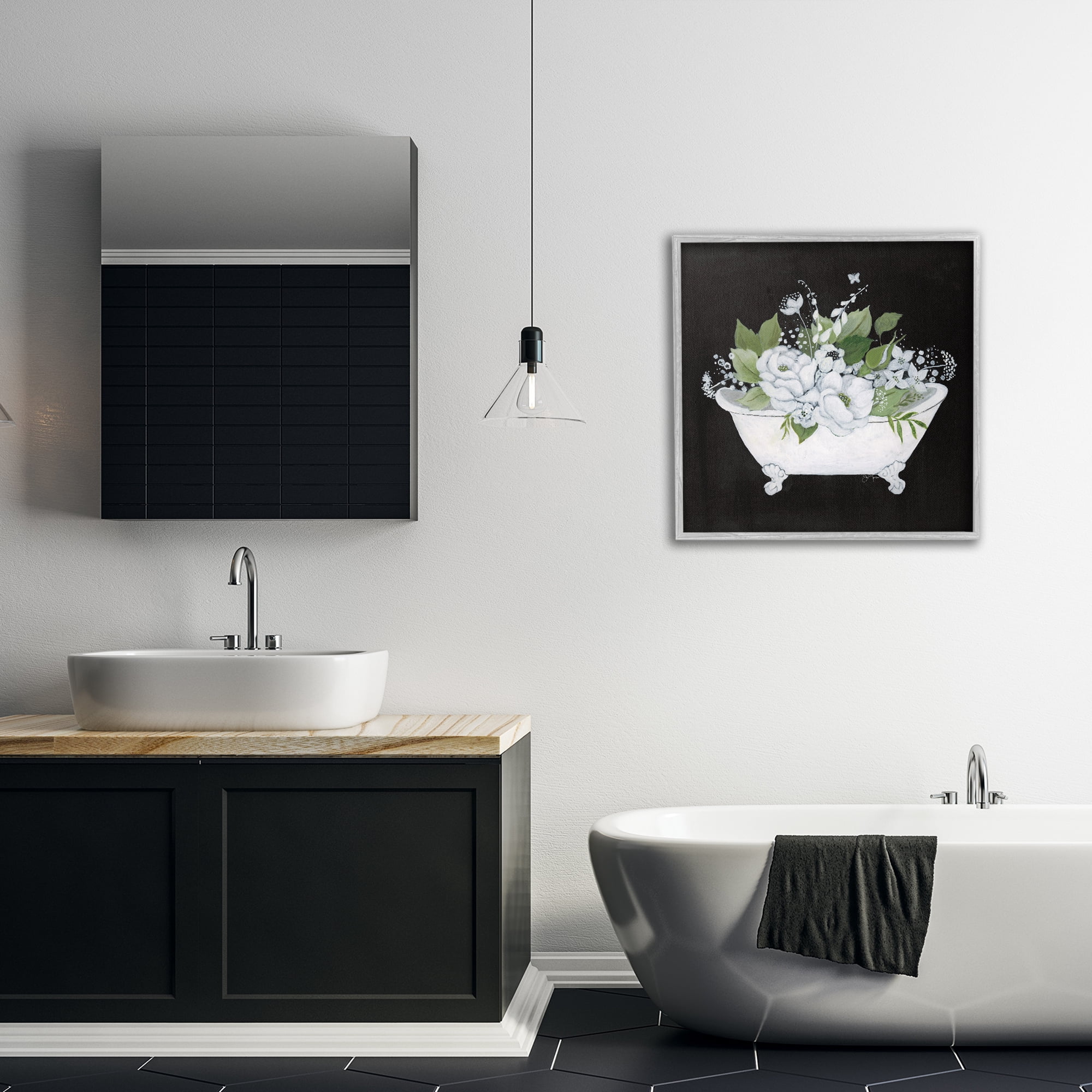 Stupell Industries Charming Floral Bathtub Typography Painting Gray Framed Art Print Wall Art, 24 x 24