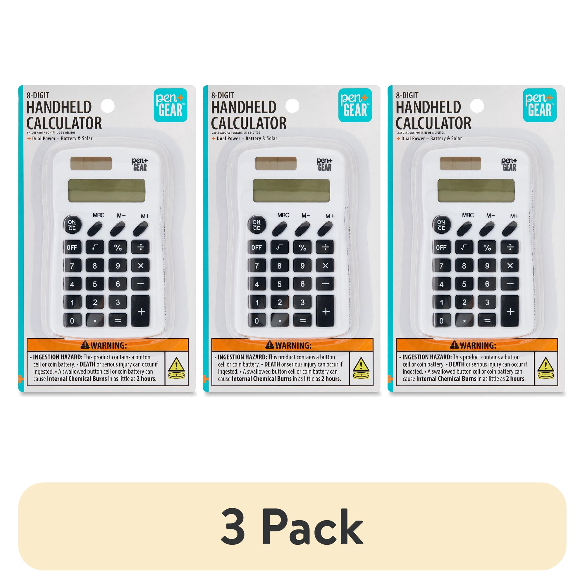 (3 pack) Pen+Gear Basic 8-Digit Handheld Calculator, Portable Solar Calculator, White